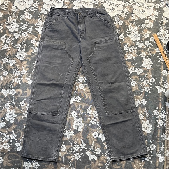Vintage Carhartt Grey Double Knee Carpenter Dungaree Pants 33x34